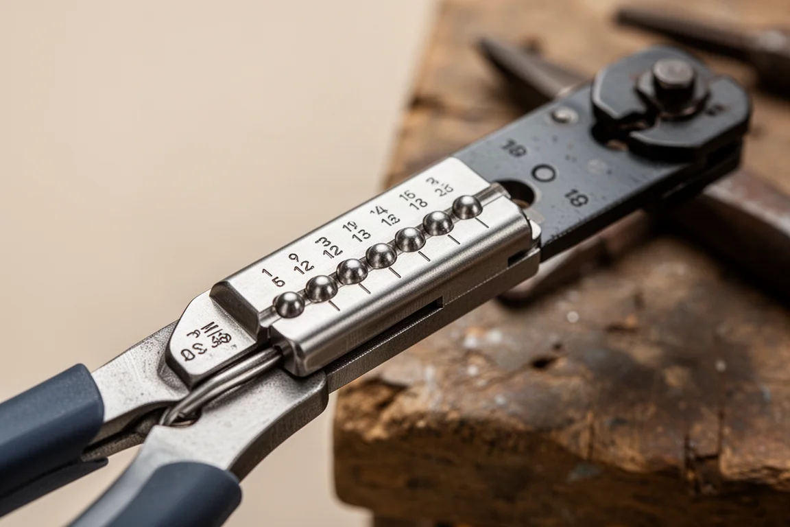 Metric size markings and a crimping die on a wire crimper handle in detail