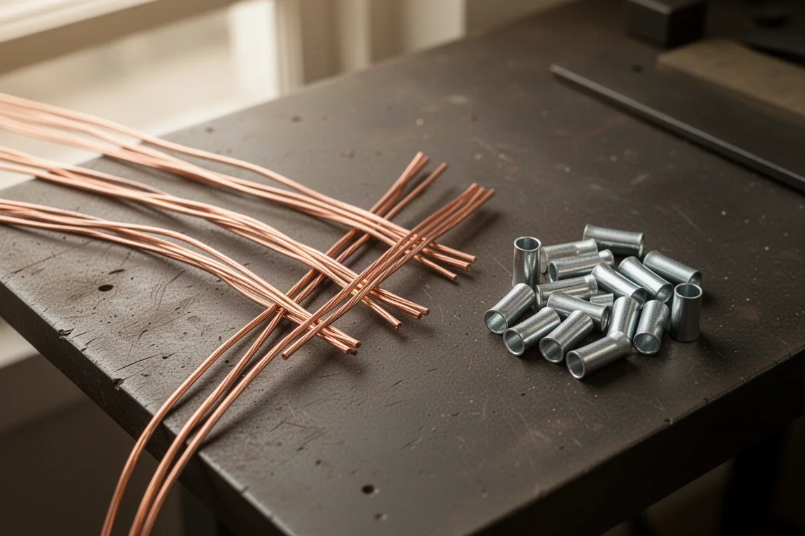 Stranded copper wire ends prepared for crimping on a workbench