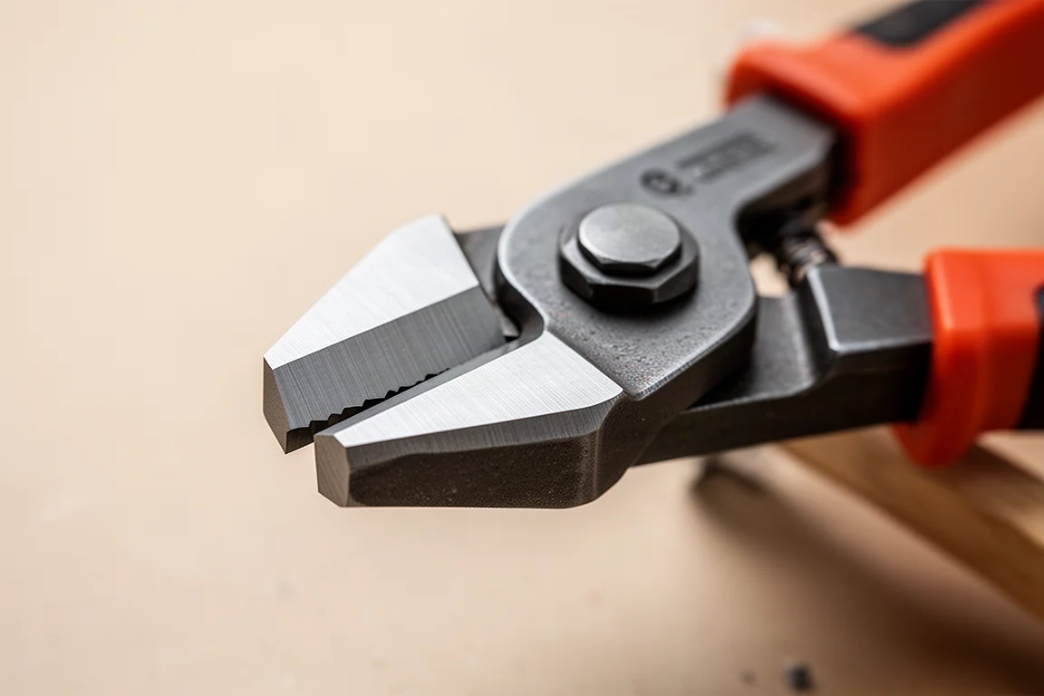 Wire crimper cutting jaw close-up with flush cutting surfaces