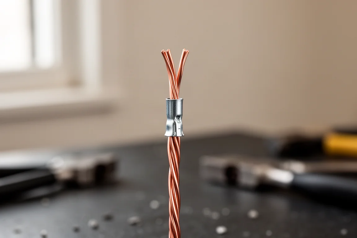 Crimped ferrule connector attached to a wire end held against bench