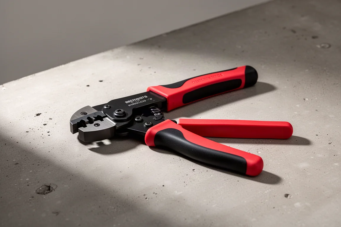 Red and black wire crimping hand tool on a concrete workbench surface