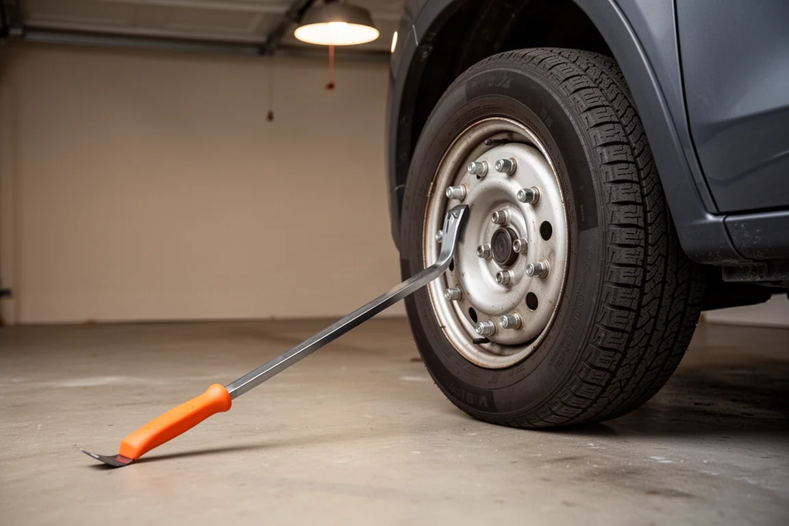 Langes Brecheisen, das in einer Garage unter einen Autoreifen geschoben wird, um Radmuttern auszurichten