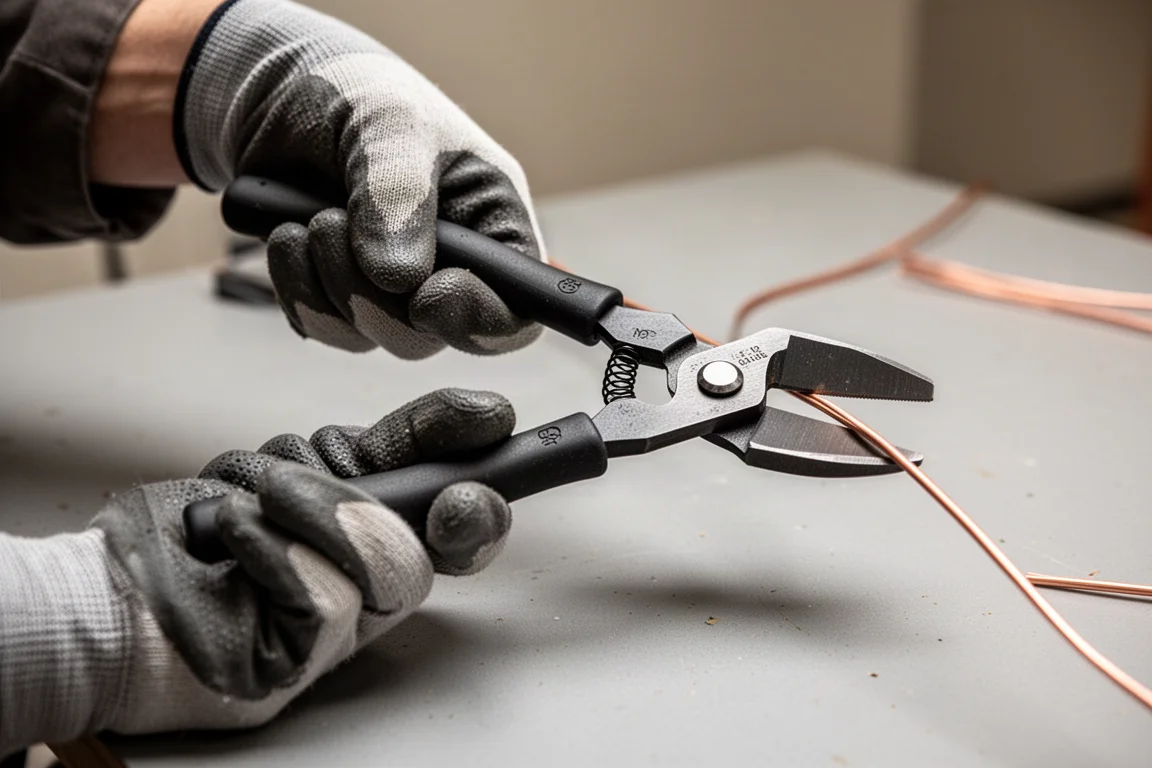 Hände greifen die Griffe einer Zange, elektrischer Draht positioniert in den Backen