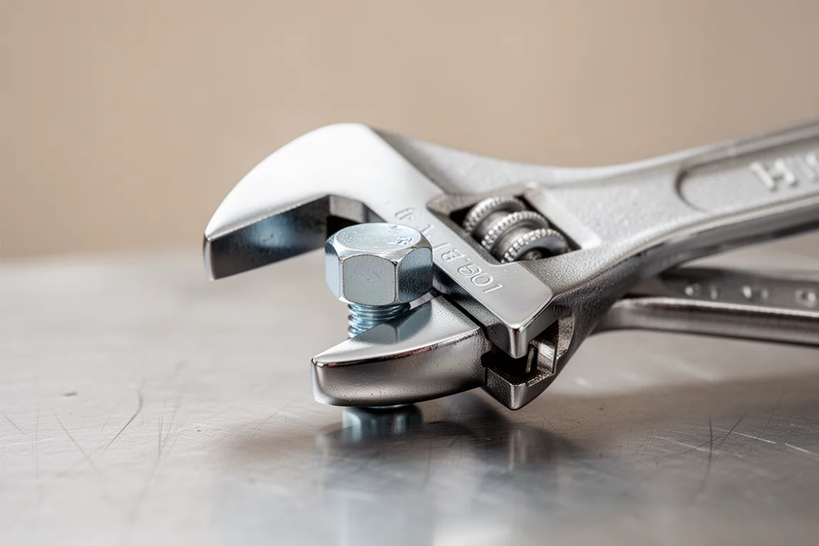 Close-up of an adjustable wrench jaw gripping a hex bolt head