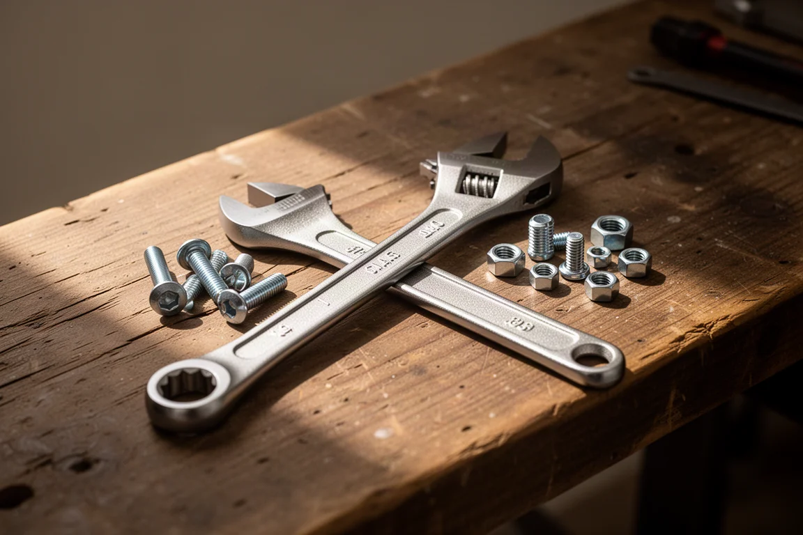 Adjustable wrench resting on a wooden workbench beside loose bolts