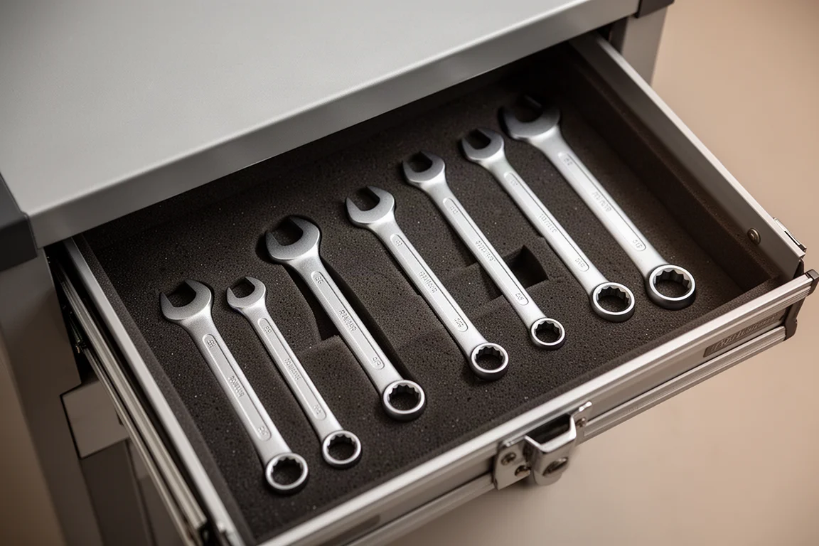 Open toolbox drawer with several wrenches laid out in size order