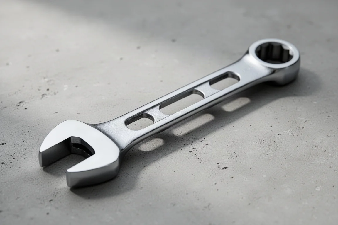 Hands-free view of a skeletonized wrench handle on a concrete surface