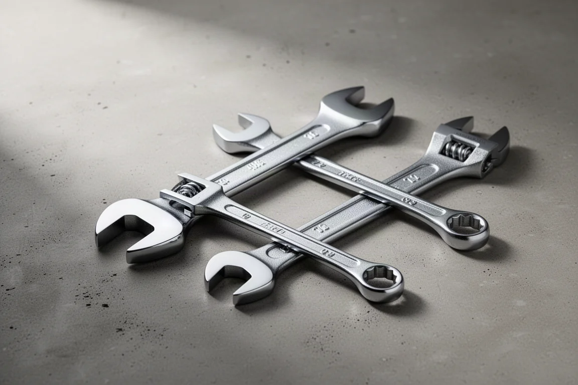 Two chrome adjustable wrenches with skeletonized handles on a concrete surface