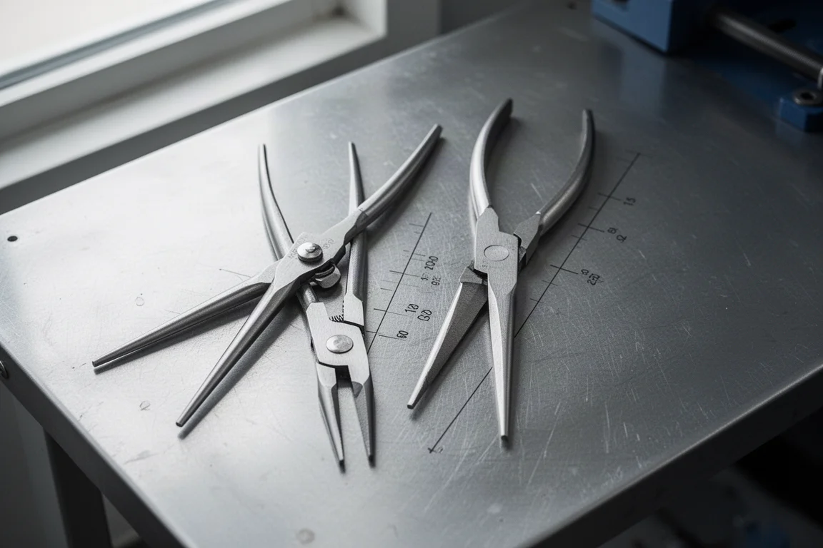 Two pairs of long needle-nose pliers side by side with pivots aligned to show jaw reach