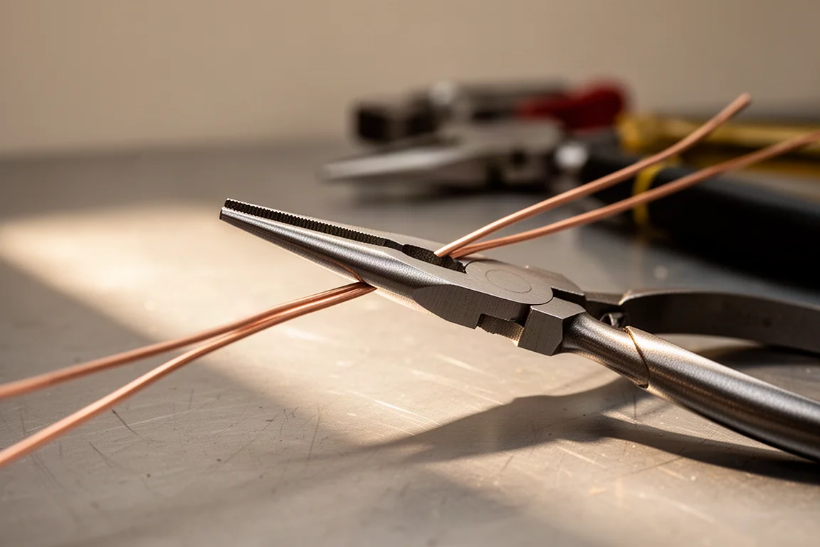 Close-up of needle-nose plier jaws gripping a thin bare wire against a workshop background