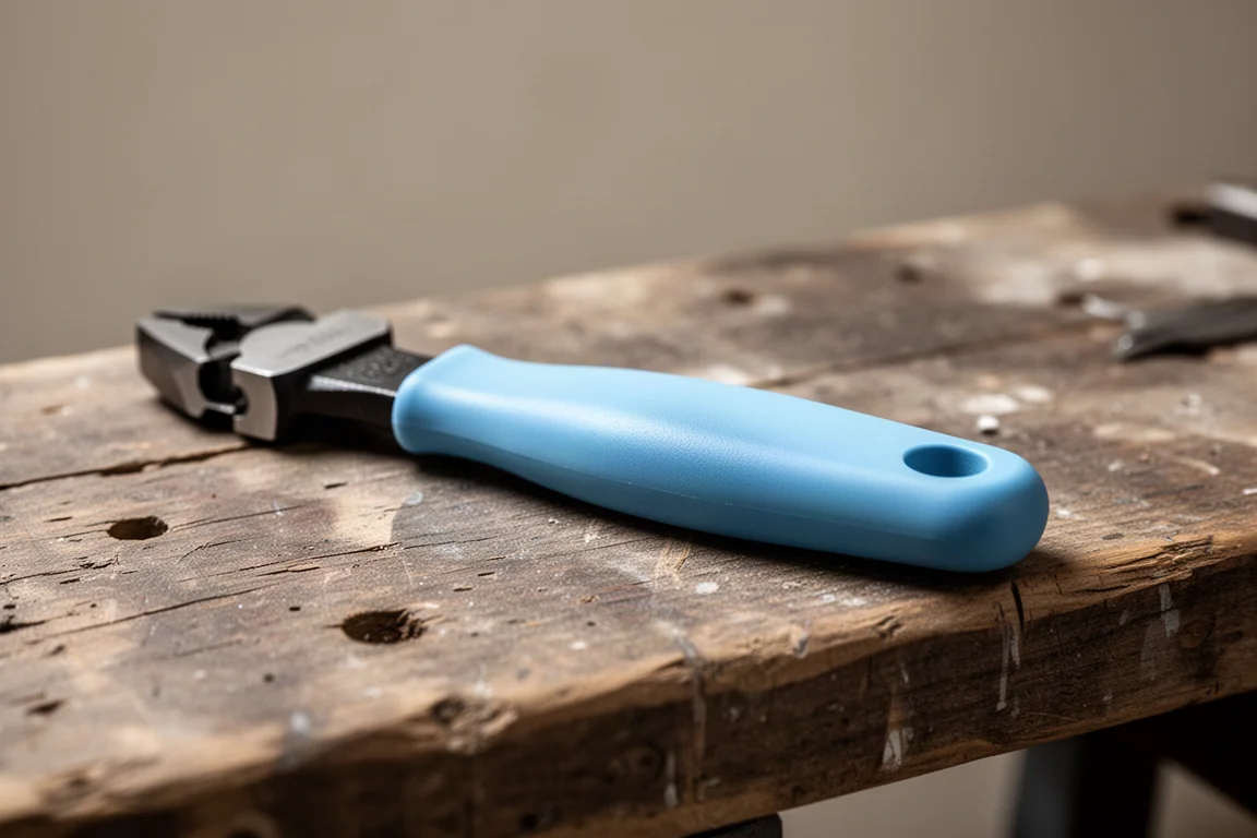 Detail of a blue-dipped plier handle resting in soft light on a wooden bench