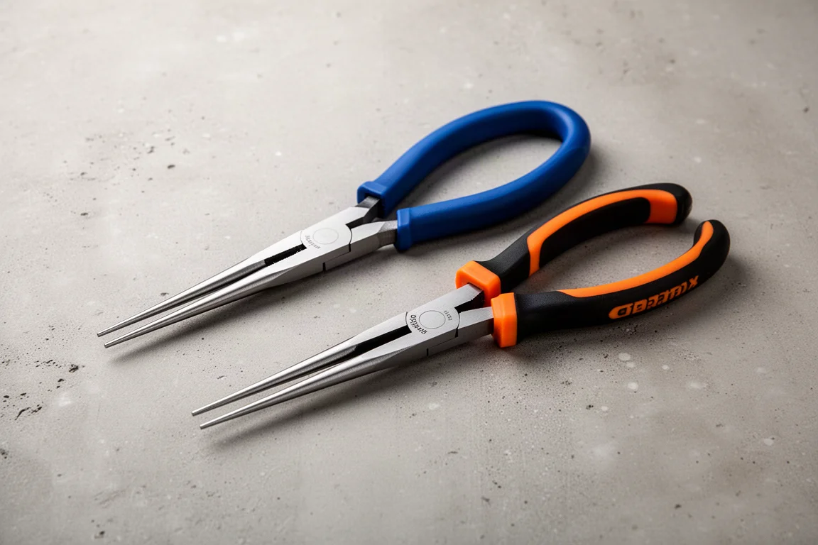 Two pairs of long needle-nose pliers with blue and dual-material handles on concrete