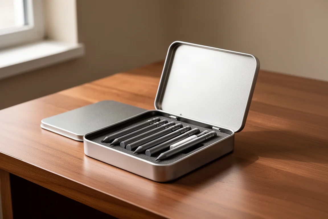 Open silver pencil tin holding six water-soluble graphite pencils on a wooden desk