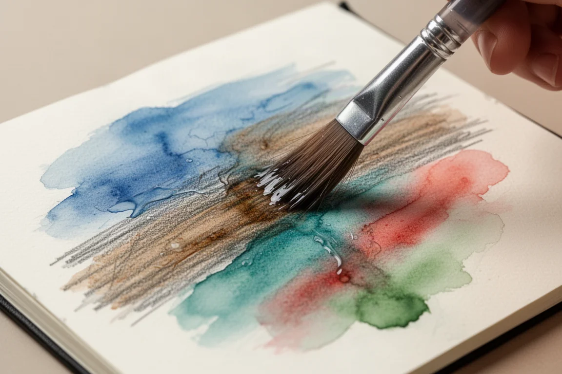 Water brush activating pencil marks in a sketchbook, colors dissolving into washes