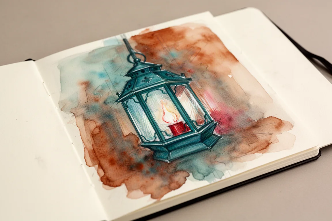 Quick plein air sketch of a lantern in a sketchbook using teal, blue, red, and brown tones