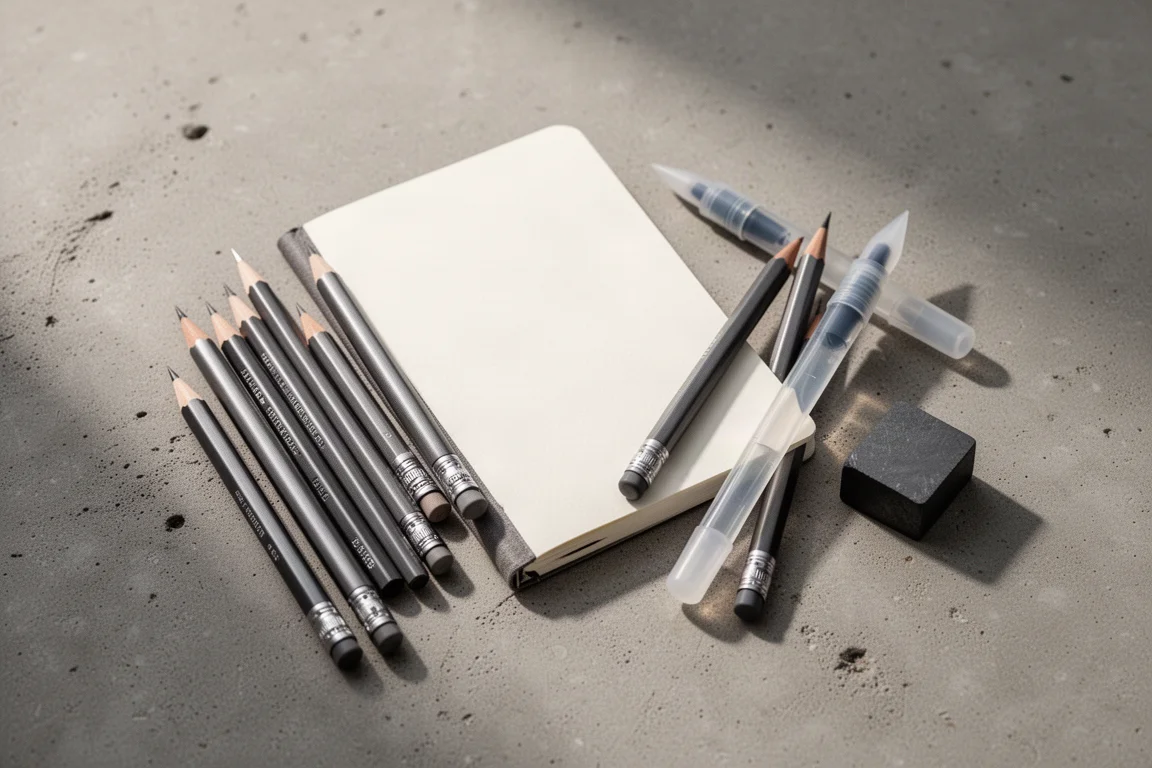 Pocket sketch kit laid out for outdoor drawing: sketchbook, pencils, water brush, graphite block