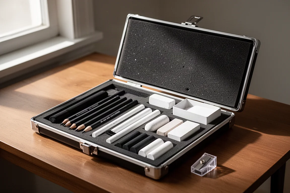 Open Cretacolor black and white art set box with foam insert holding pencils and chalks