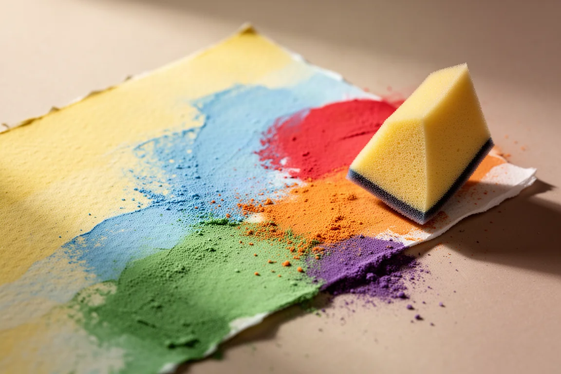 Demonstratie van het arceren van pastelpotloden met gele, blauwe en rode streken die mengen op gestructureerd papier
