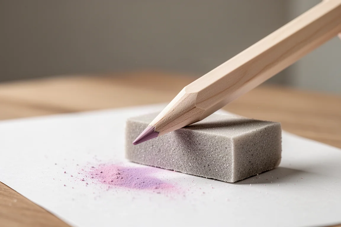 Pastelpotlood dat wordt geslepen tot een punt op een klein blokje schuurpapier