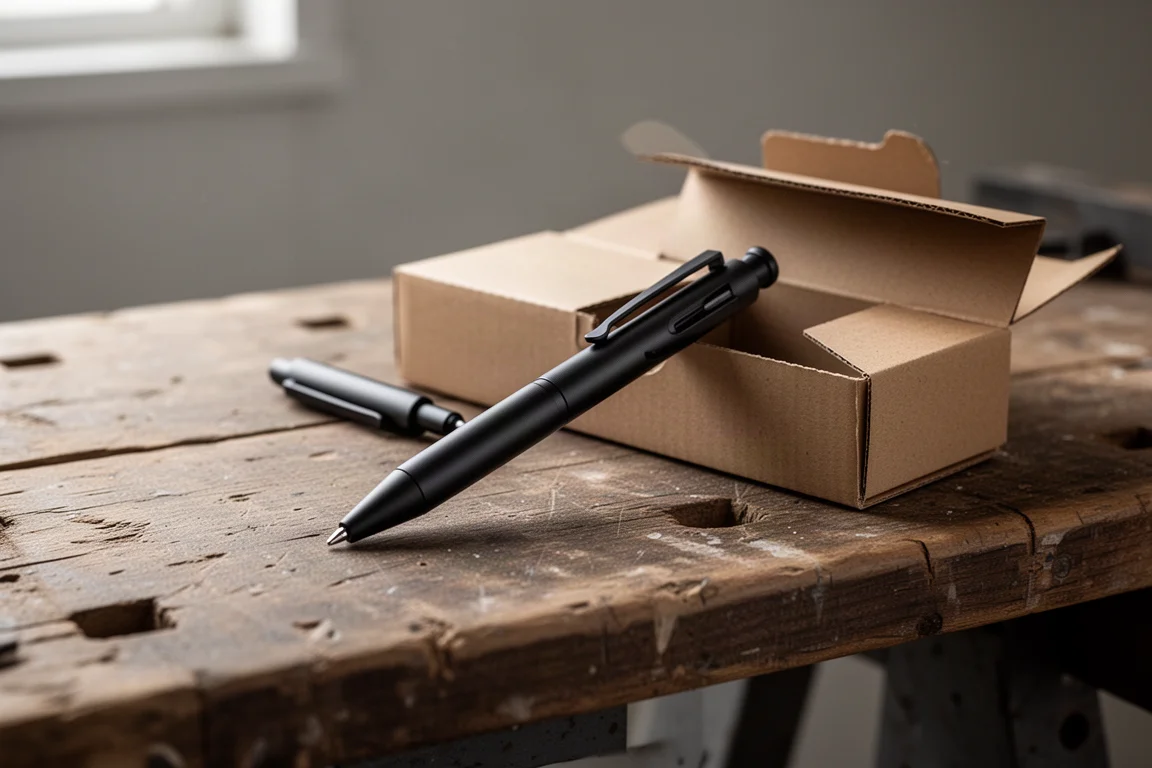 Matte black EDC pen resting on a workshop bench beside cardboard packaging