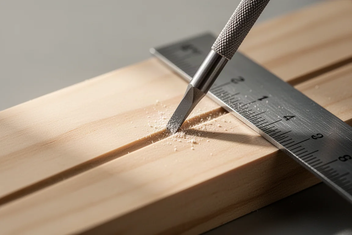 Close-up of a carbide scribe tip marking a line on wood