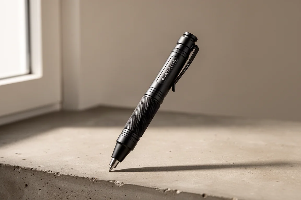 Matte black EDC pen with machined metal body on a concrete surface