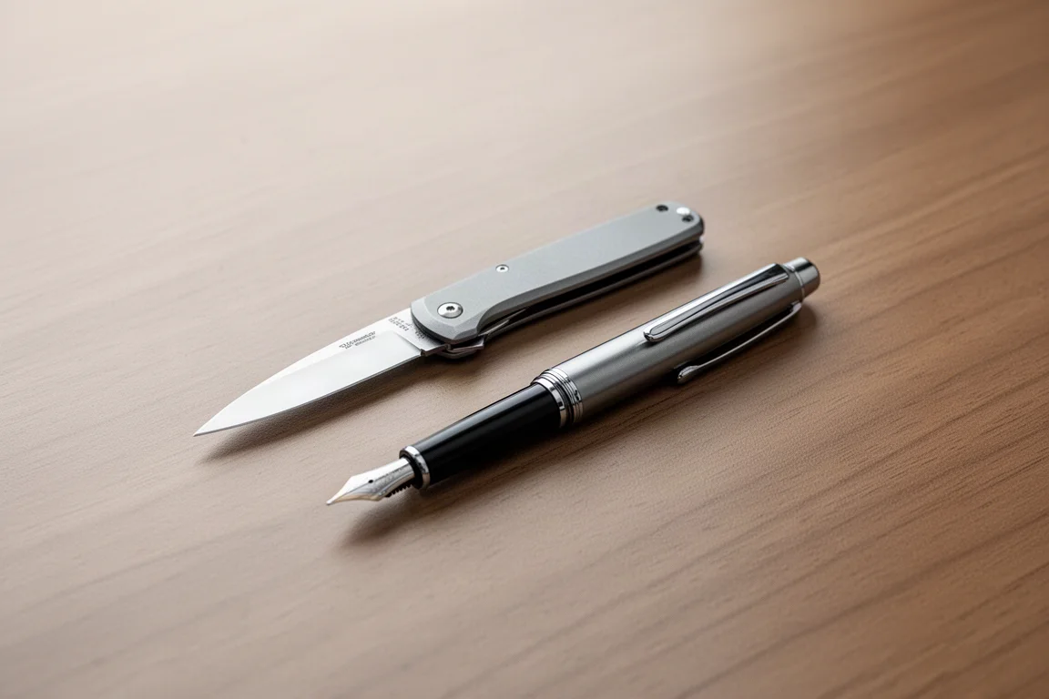 Coltello tascabile sottile appoggiato accanto a una penna stilografica su una scrivania in legno