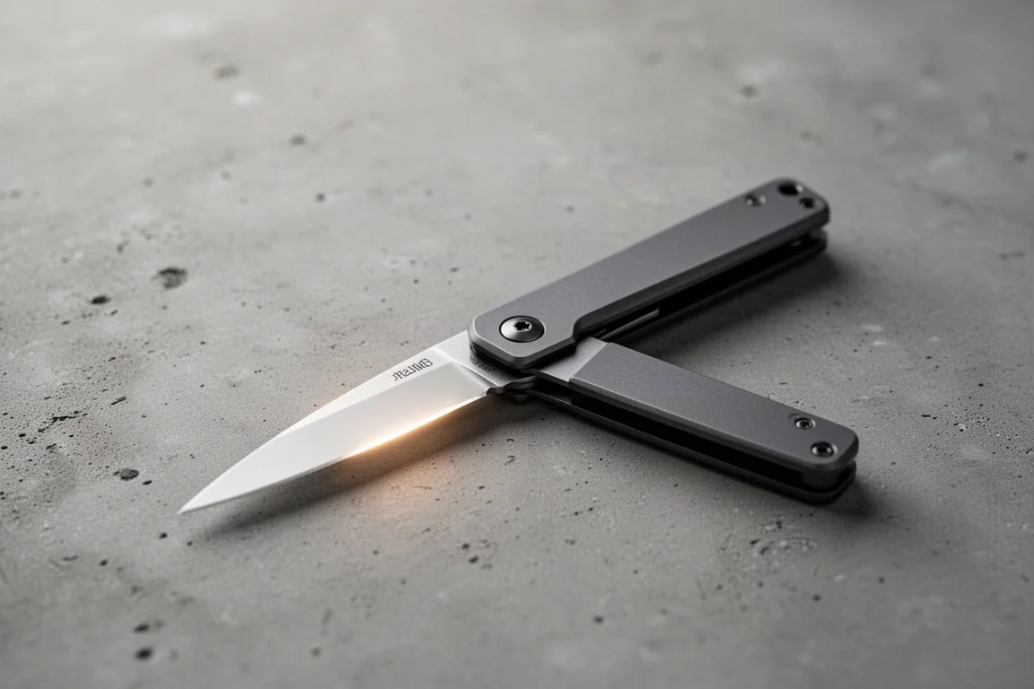 Lama aperta di un coltello tascabile che cattura una luce soffusa su una superficie in cemento