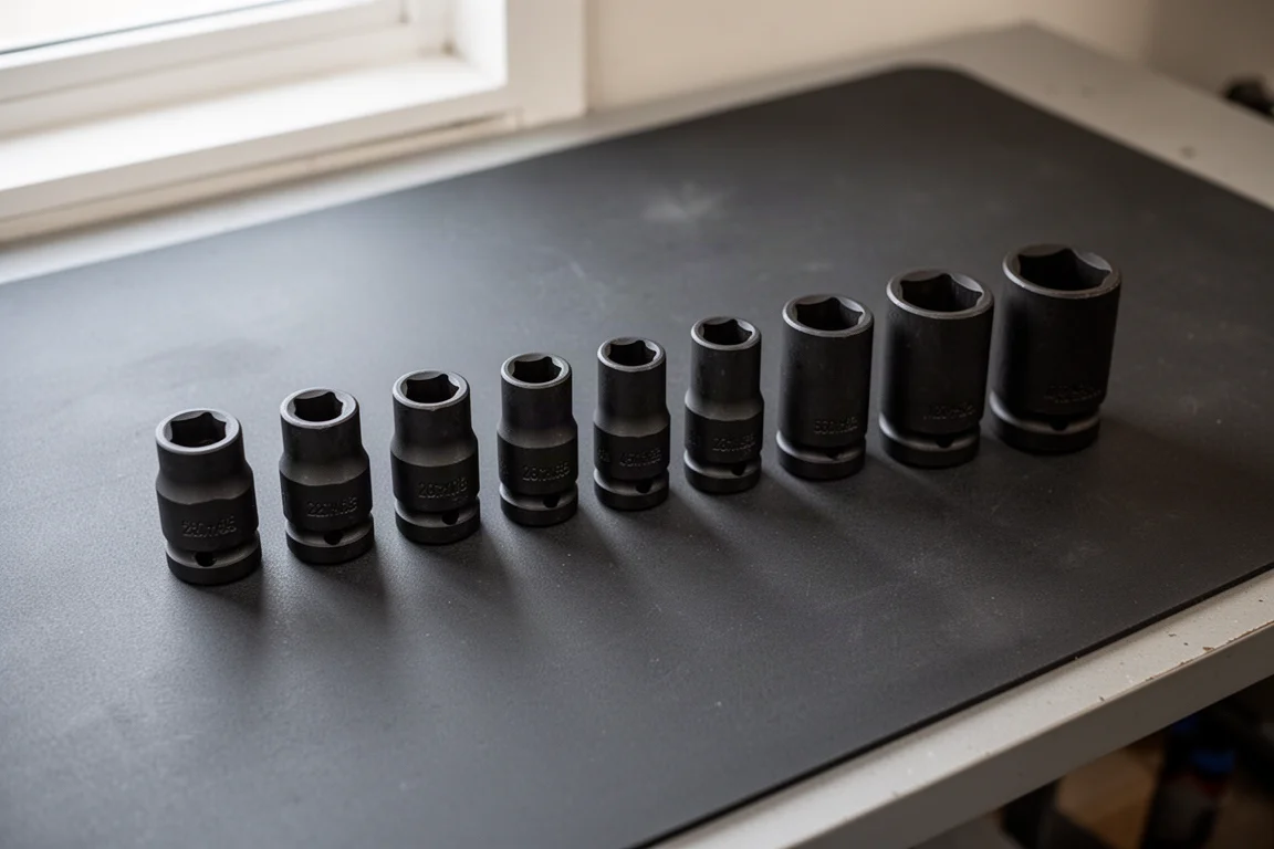 Stubby impact sockets laid out on a dark workbench in soft light