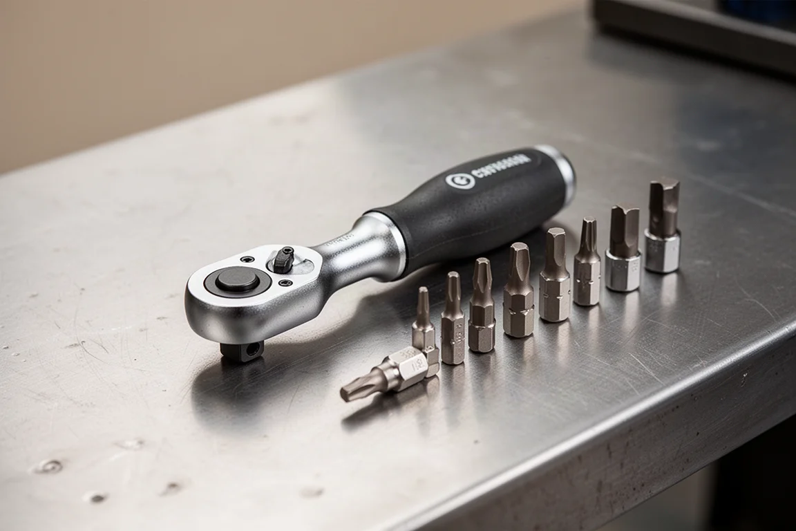 Mini ratchet bit driver beside small hex bits on a workbench