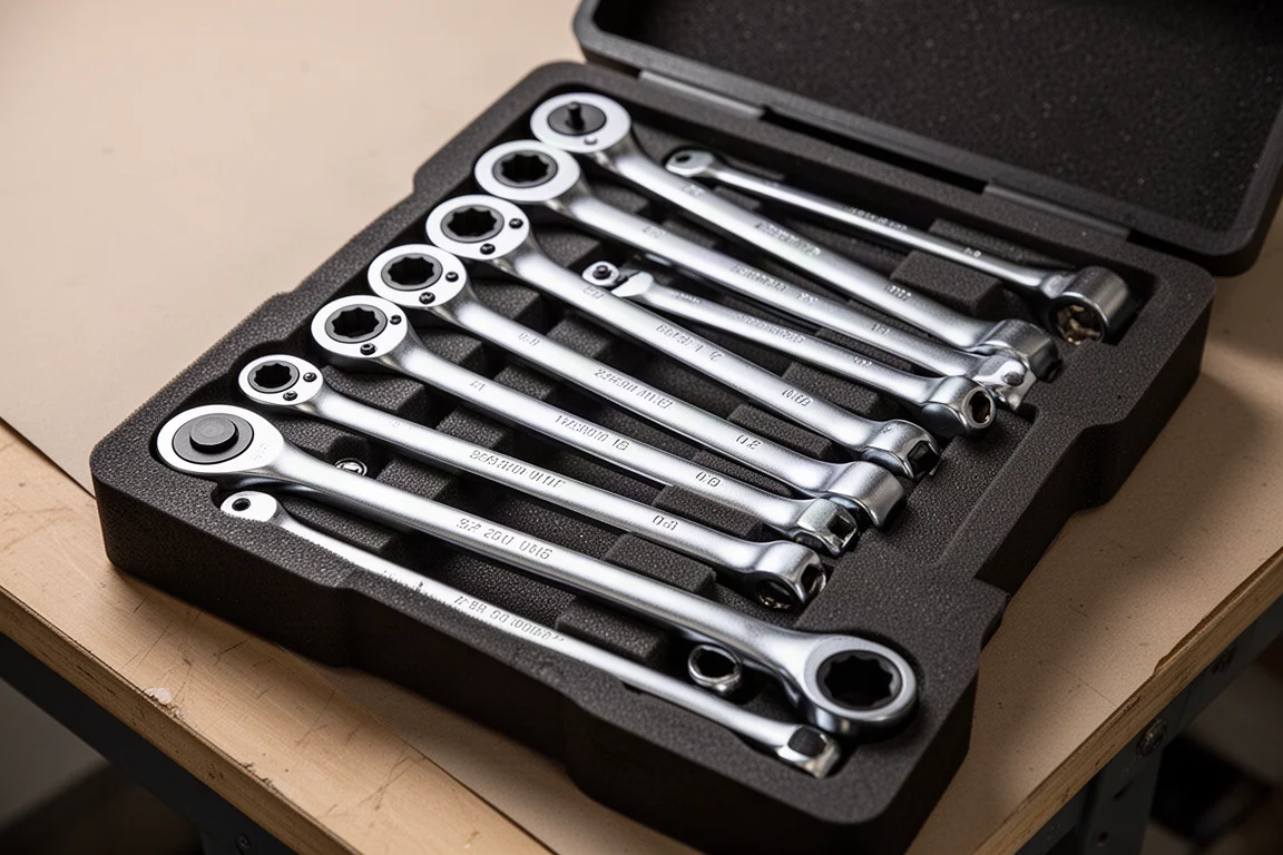 Torque adapter set nested in a foam organizer tray