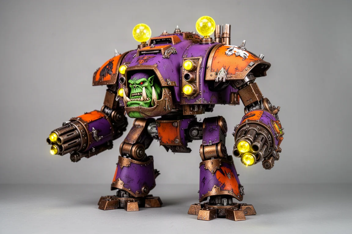 塗裝完成的 Godbuster Mega Stomper 模型,採用紫色與橘色配色