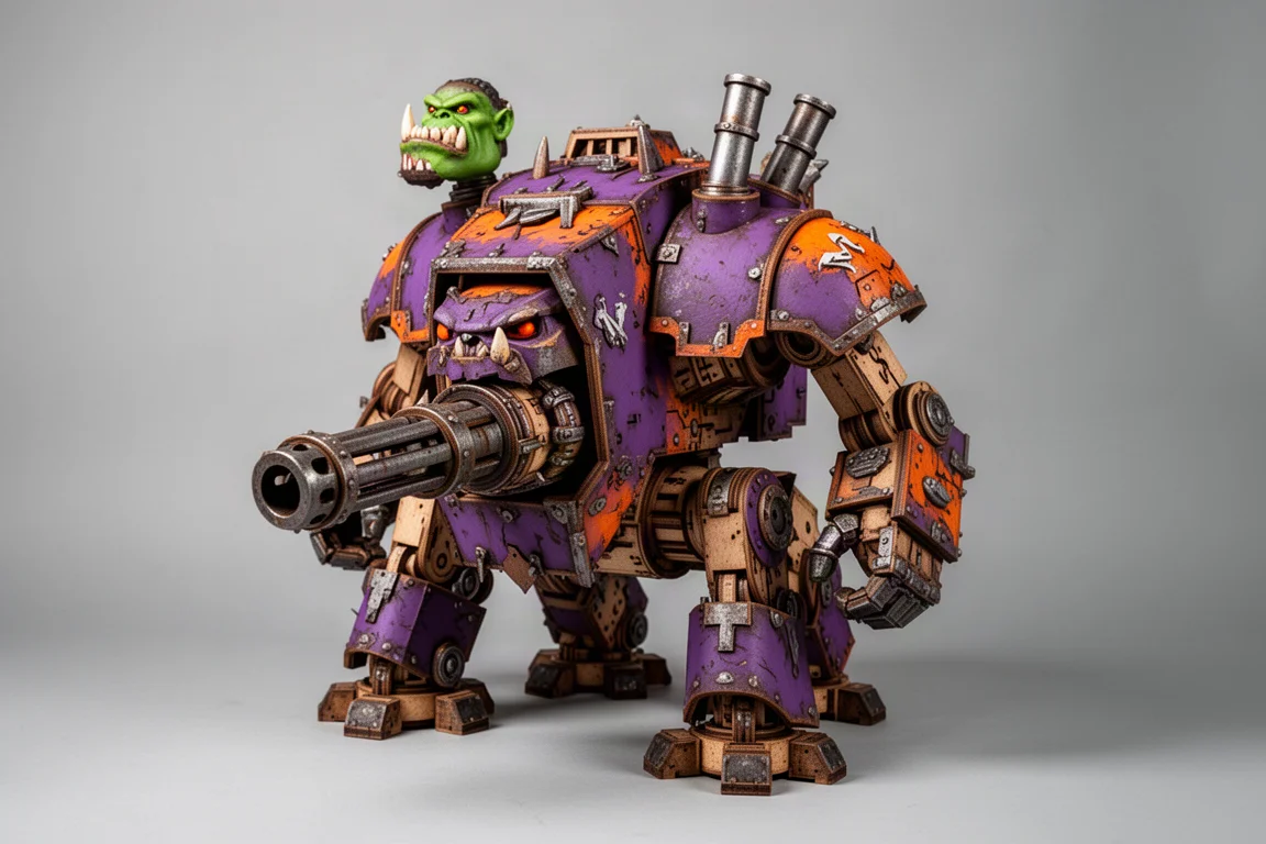 組裝並塗裝完成的 Cromlech Godbuster Mega Stomper 模型，背景為灰色