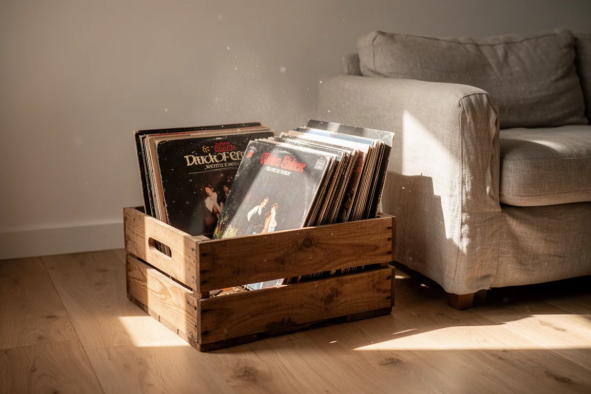 Caixa de discos de vinil usados em um piso de madeira ao lado de um sofá sob a luz do sol