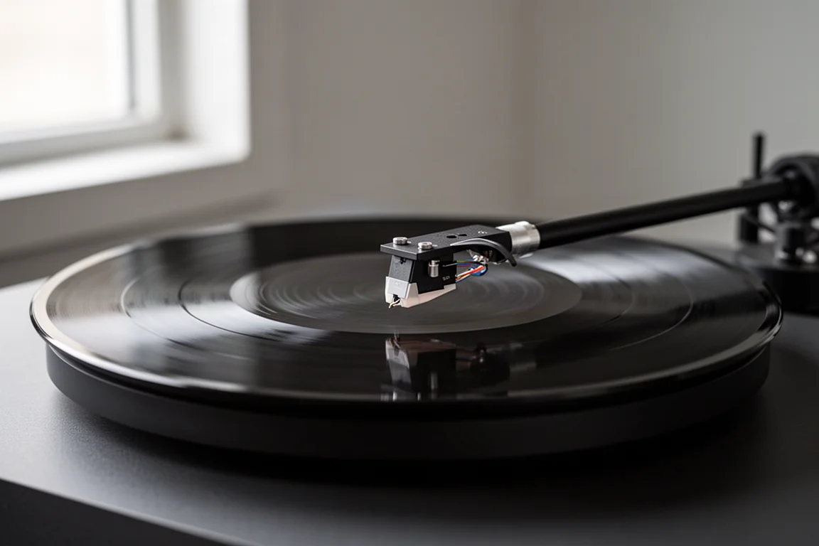 Close-up de um prato de toca-discos girando sob um braço fino e uma agulha