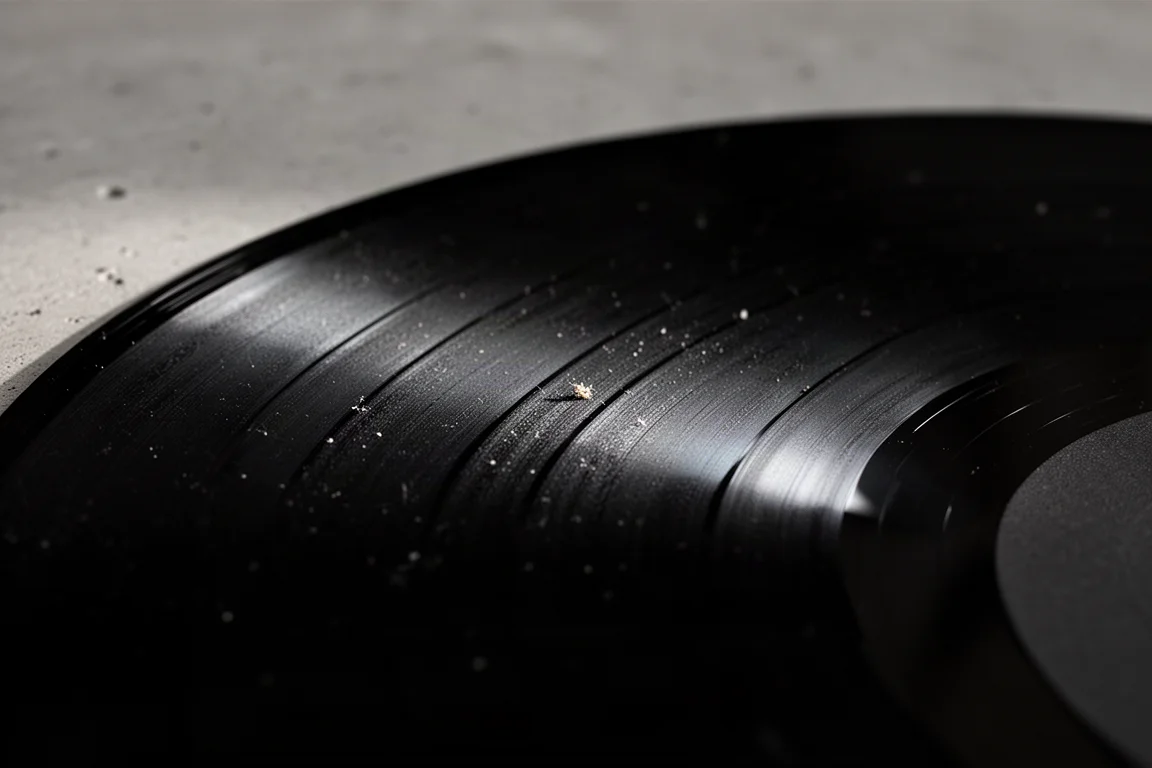Superfície de disco de vinil iluminada em ângulo mostrando sulcos e partículas de poeira fina