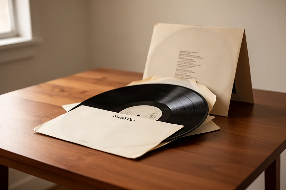 Disco de vinil deslizando para fora de sua capa de papel em uma mesa de madeira com luz da manhã