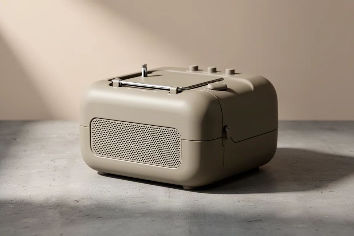 Compact portable record player with closed lid and slim tonearm on a concrete surface