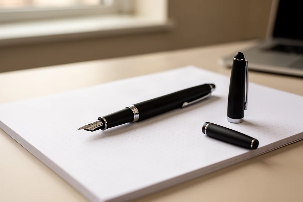 Snap-cap fountain pen resting uncapped on a lined notepad on an office desk