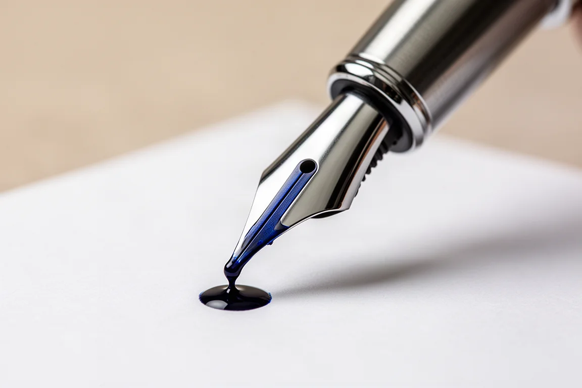 Close-up of a stainless steel fountain pen nib with ink flowing from the feed