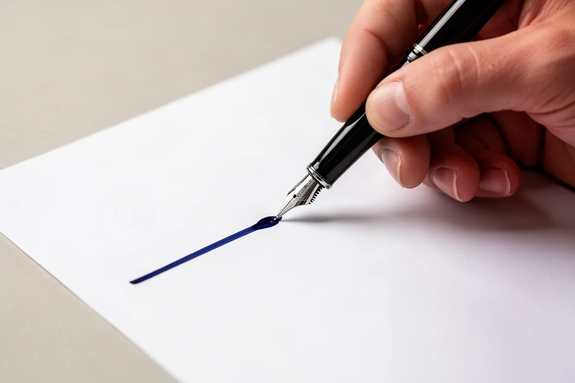 Fountain pen writing a line of dark blue ink on white copy paper
