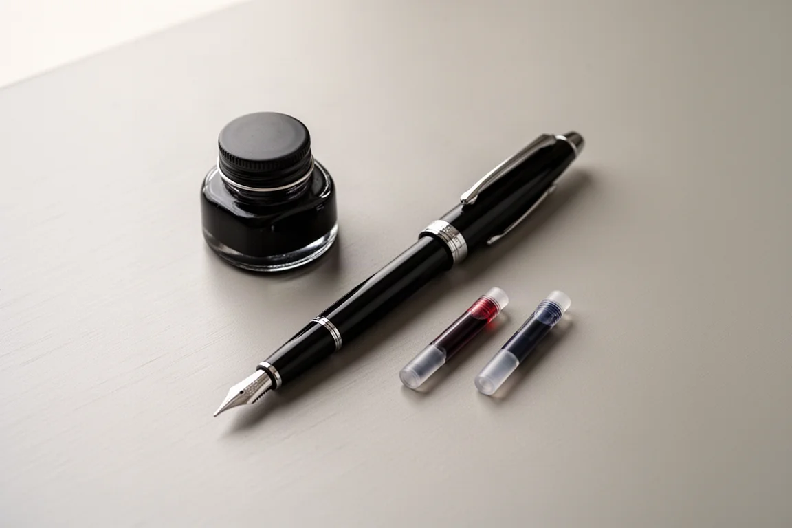 Fountain pen and small ink bottle arranged on a clean office desk in soft light