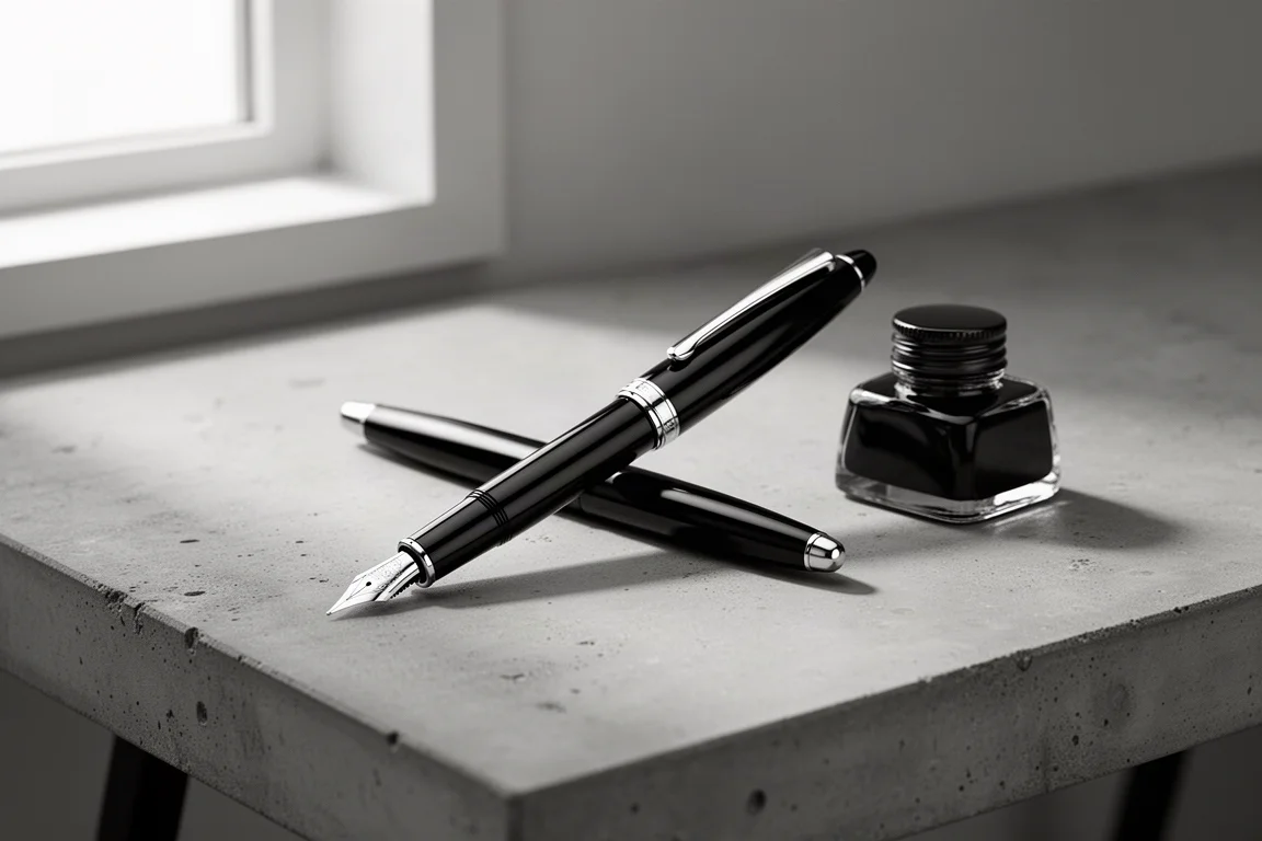 Penna stilografica nera Cross Bailey Light con molletta argentata su una scrivania in cemento