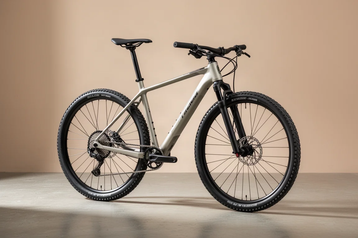Moderna mountain bike cross-country con cuadro ligero sobre superficie de hormigón