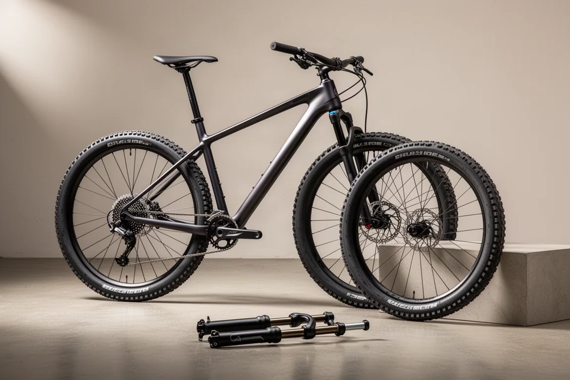 Bicicleta de montaña de cross country ligera con un neumático ancho y horquilla de suspensión sobre hormigón