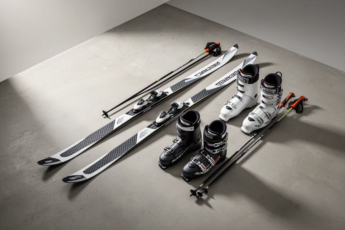 Flat-lay of cross-country ski equipment on a concrete surface