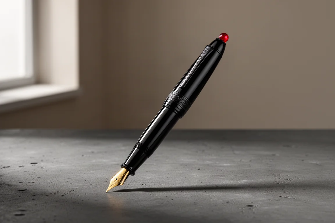 Black lacquered limited edition fountain pen with gold nib on dark concrete