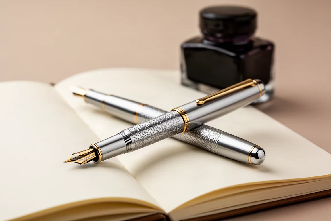 Luxury fountain pen resting on an open journal beside an ink bottle