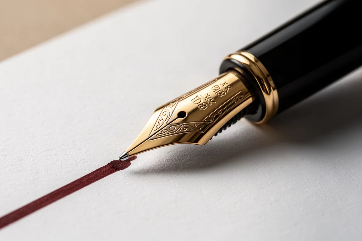 Close-up of an 18k gold fountain pen nib on textured paper