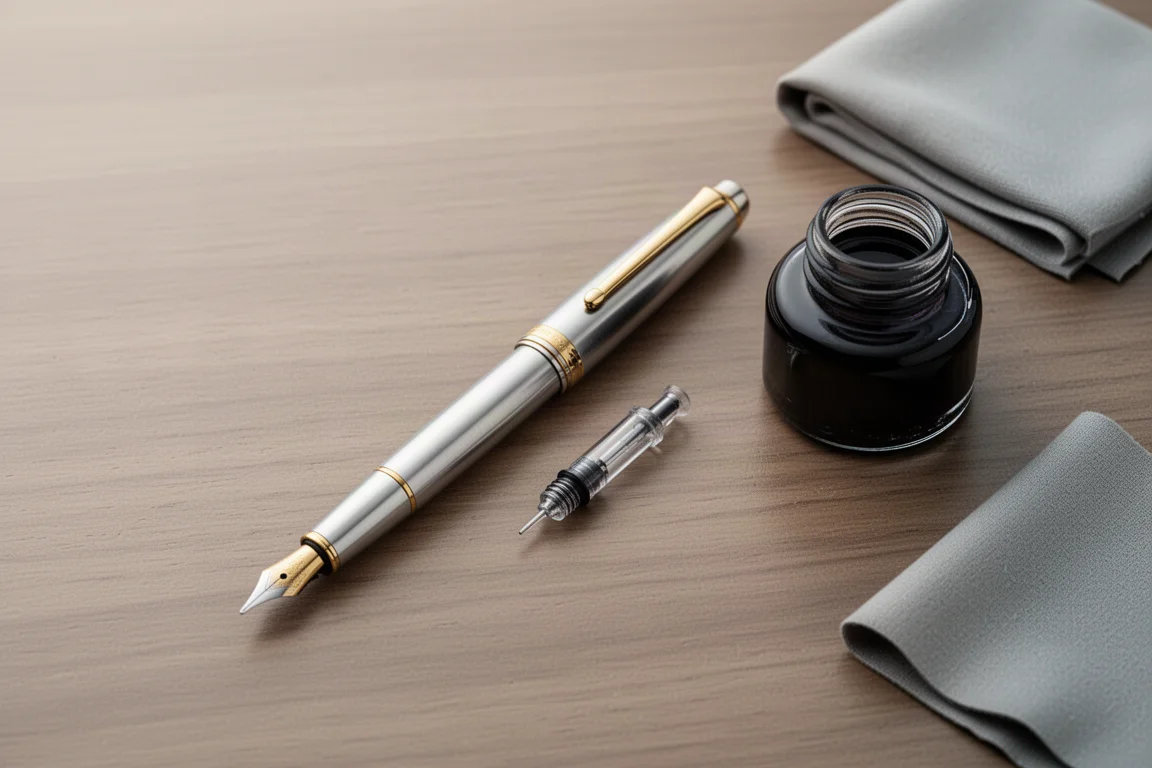 Fountain pen, converter, and ink bottle arranged on a wooden desk